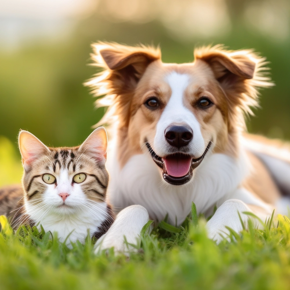 Hund und Katze liegen nebeneinander im Gras bei warmen Sonnenschein.